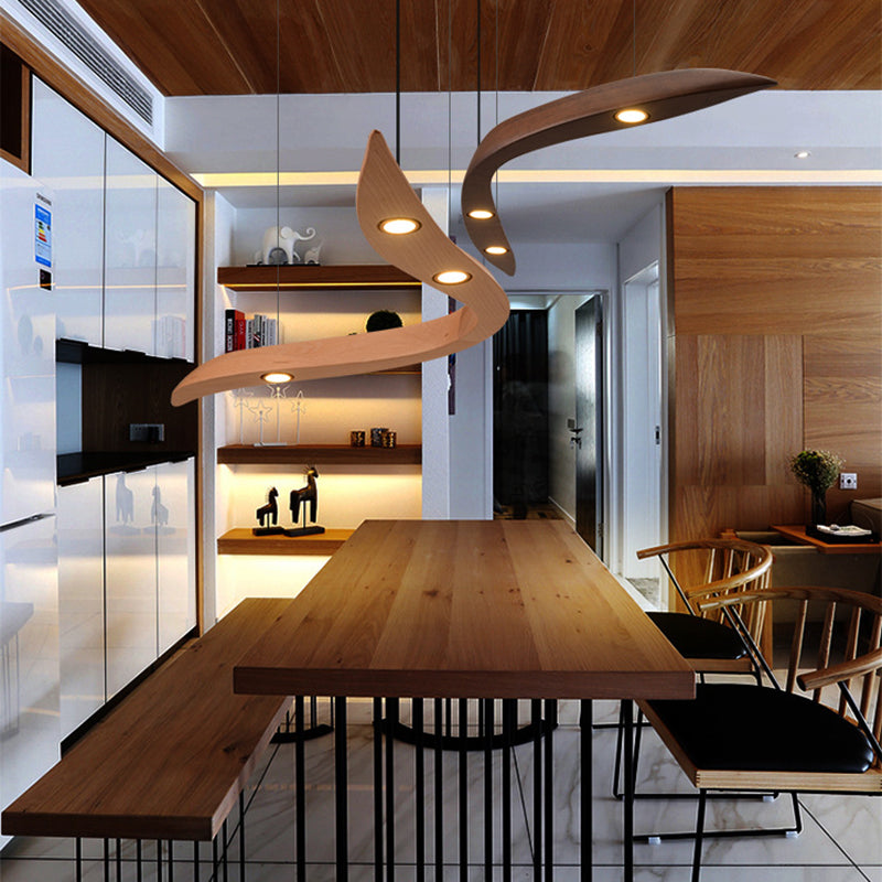 Minimalist Novelty 3-Light Pendant Curved Pendant Light with Wooden Shade for Bar
