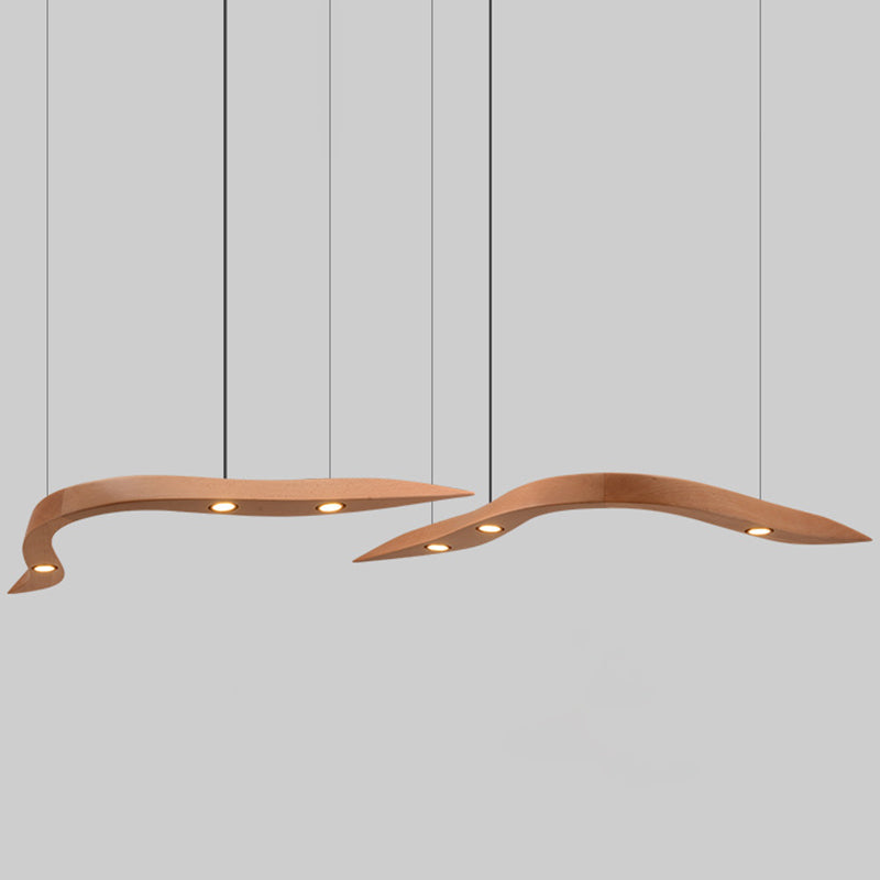 Minimalist Novelty 3-Light Pendant Curved Pendant Light with Wooden Shade for Bar