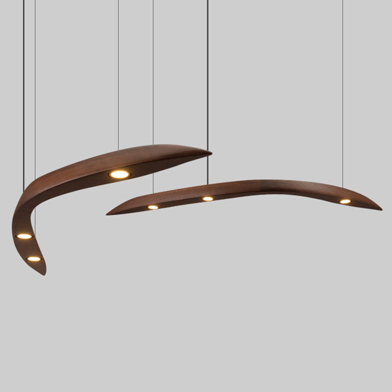 Minimalist Novelty 3-Light Pendant Curved Pendant Light with Wooden Shade for Bar