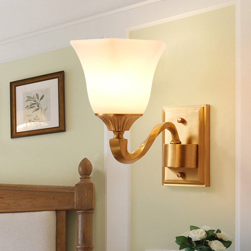 Brass Curved Arm Wall Light Modernism Style Metal 1/2-Light Bedside Wall Sconce Lamp with Opal Glass Bell Shade