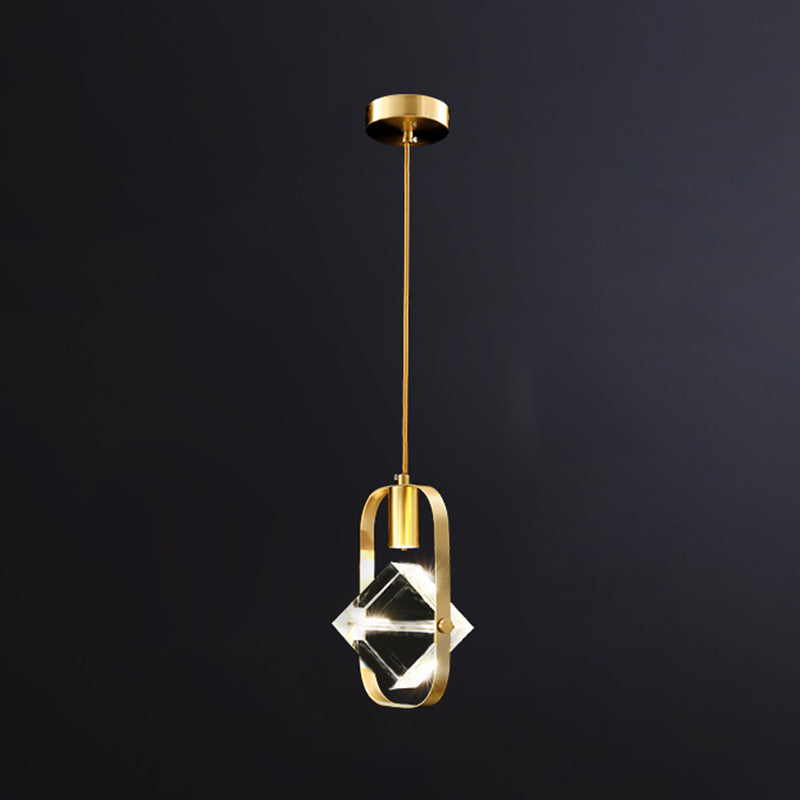 Crystal Block Mini Pendant Lighting Simplicity Brass LED Hanging Light for Bedroom