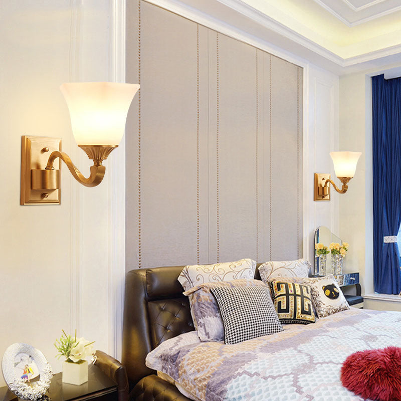 Brass Curved Arm Wall Light Modernism Style Metal 1/2-Light Bedside Wall Sconce Lamp with Opal Glass Bell Shade