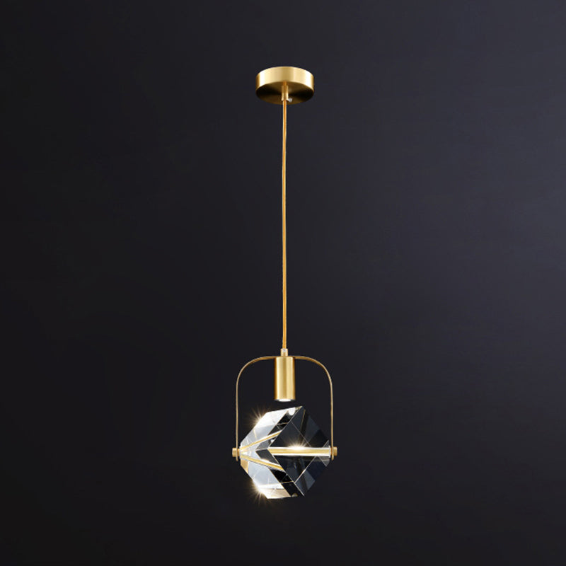 Crystal Block Mini Pendant Lighting Simplicity Brass LED Hanging Light for Bedroom