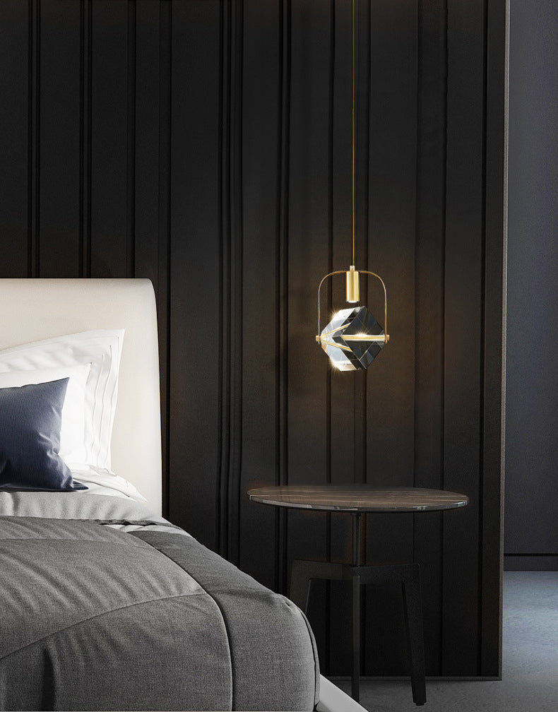 Crystal Block Mini Pendant Lighting Simplicity Brass LED Hanging Light for Bedroom