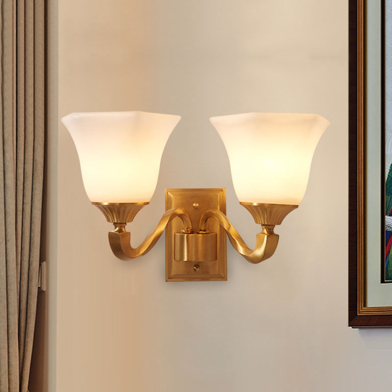 Brass Curved Arm Wall Light Modernism Style Metal 1/2-Light Bedside Wall Sconce Lamp with Opal Glass Bell Shade