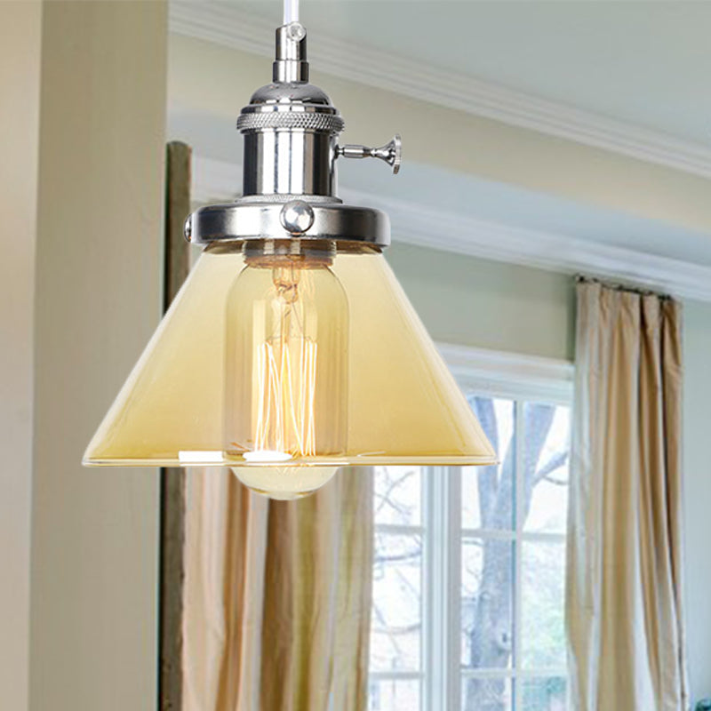 Conical Hanging Light Fixture Vintage Style Amber/Clear Glass and Metal 1 Head Kitchen Pendant Lamp in Black/Bronze/Brass