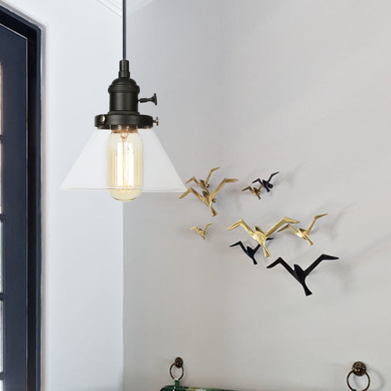 Conical Hanging Light Fixture Vintage Style Amber/Clear Glass and Metal 1 Head Kitchen Pendant Lamp in Black/Bronze/Brass