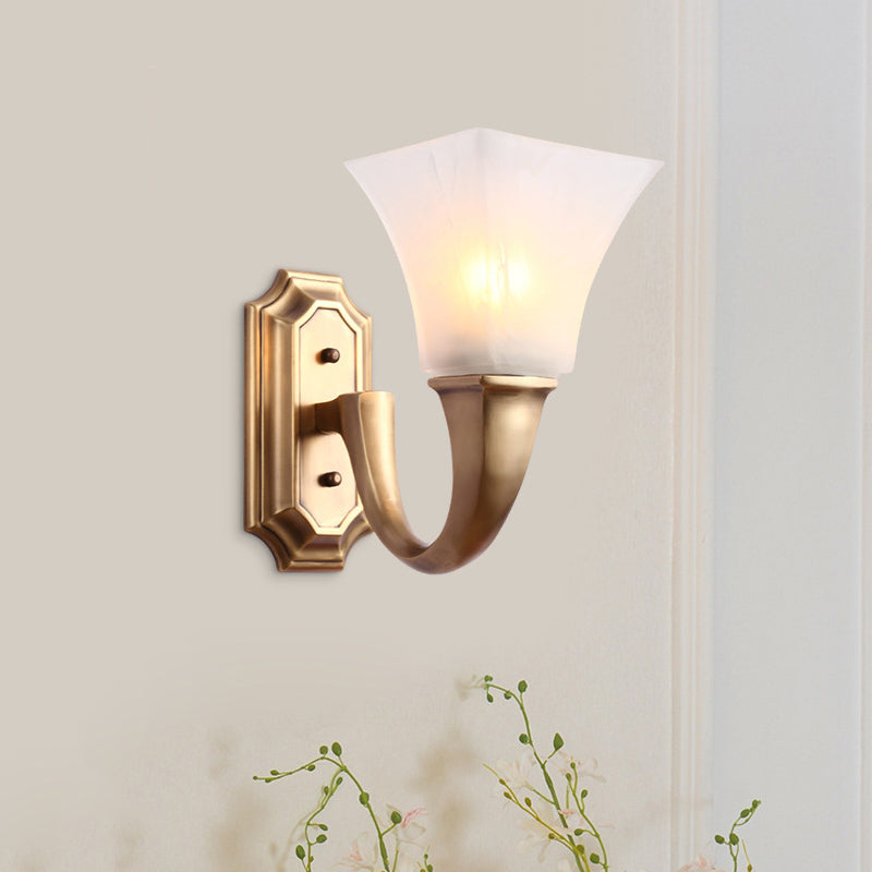 1 Bulb Sconce Light Fixture with Flared Shade Frosted Glass Vintage Style Bedroom Wall Mount Lamp in Gold
