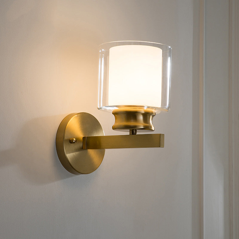 Modern Style Cylindrical Wall Sconce 1 Light Clear and White Glass Wall Mount Lamp in Brass for Bedroom