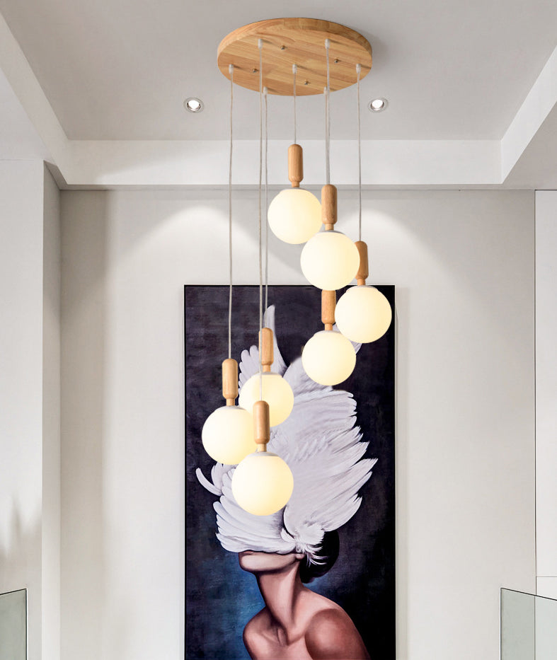 Spiral Stair Ceiling Pendant Simple Wood Multi Hanging Lamp with Ball White Glass Shade