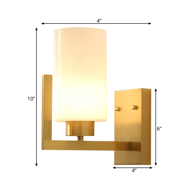 Minimalism Style Cylinder Wall Sconce Lamp 1 Light Opal Frosted Glass Wall Light in Brass for Bedroom