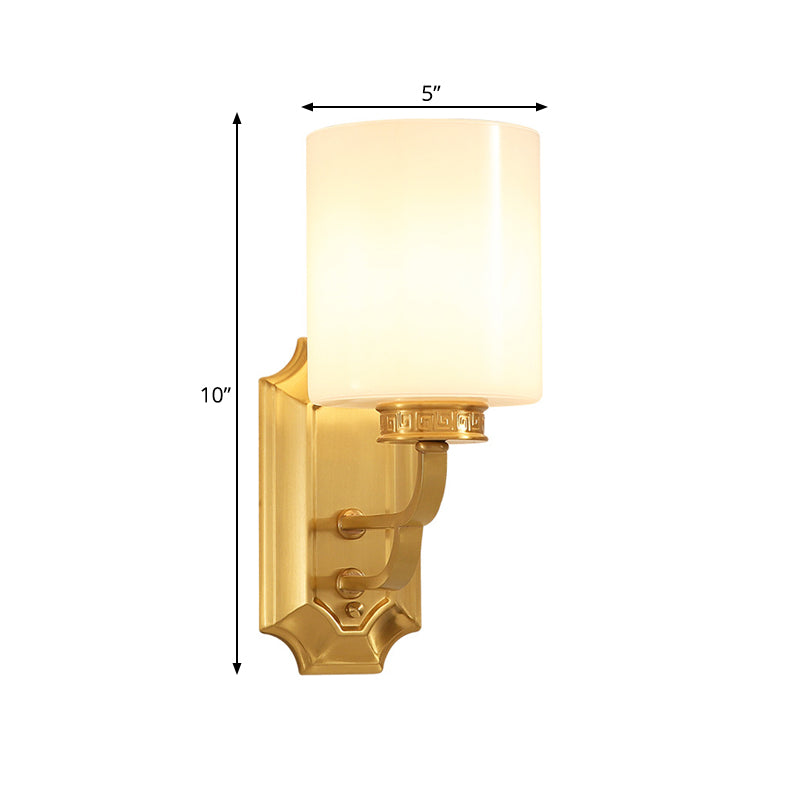 Drum Opal Glass Wall Mount Lighting Modern Stylish 1 Light Living Room Wall Sconce Fixture in Brass