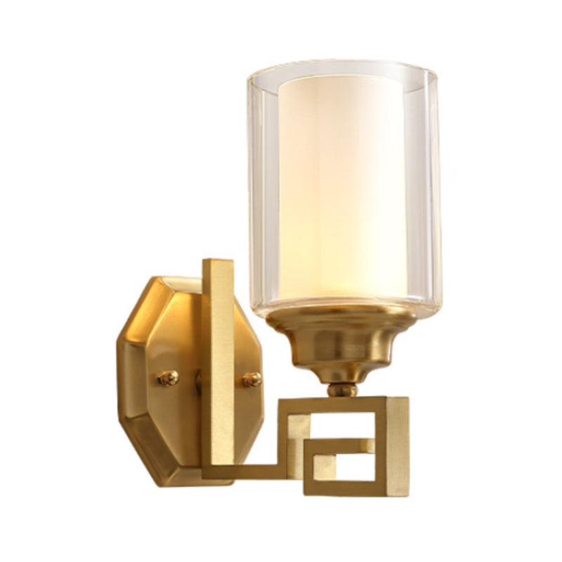 Cylinder Clear Glass Wall Sconce Modern Stylish 1 Light Living Room Wall Mounted Lighting in Brass
