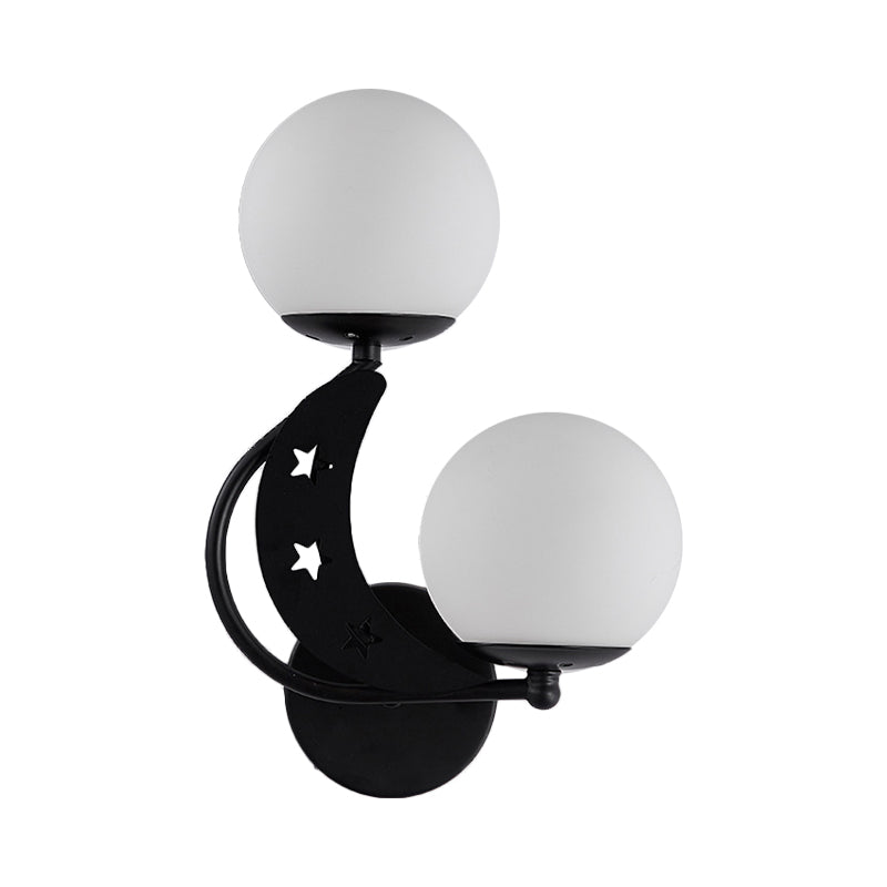 2 Bulbs Bedroom Sconce Light Contemporary Black/Gold Wall Lamp with Left/Right Milky Glass Ball Shade