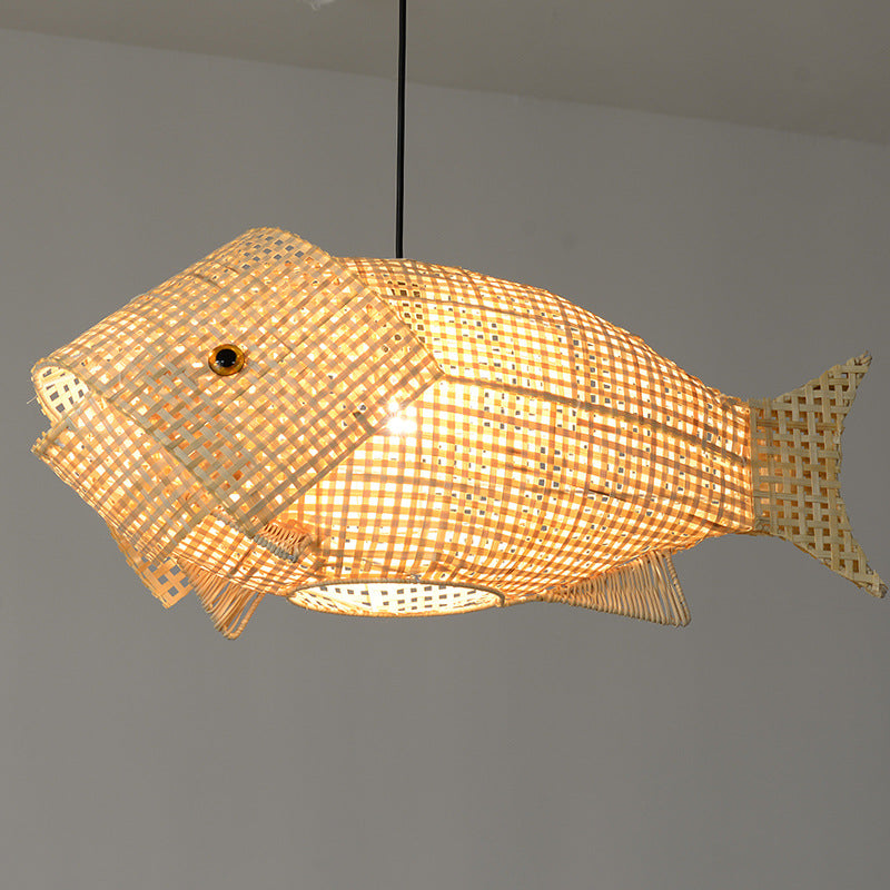 Bamboo Fish Shape Hanging Lamp Kit Contemporary Style Beige Hanging Pendant Light