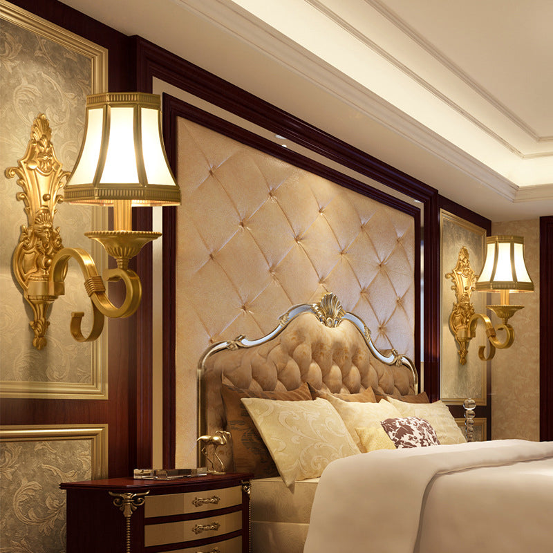 Brass Cone Wall Lamp Traditionalist Metal 1/2 Lights Bedroom Wall Mount Lighting with Beveled Glass Panel