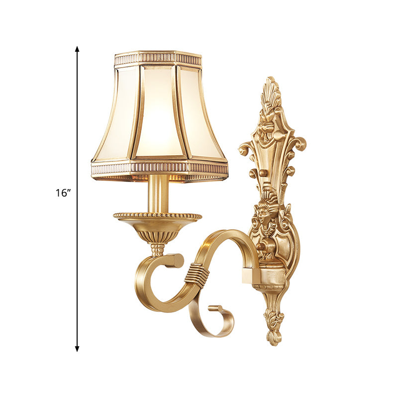Brass Cone Wall Lamp Traditionalist Metal 1/2 Lights Bedroom Wall Mount Lighting with Beveled Glass Panel