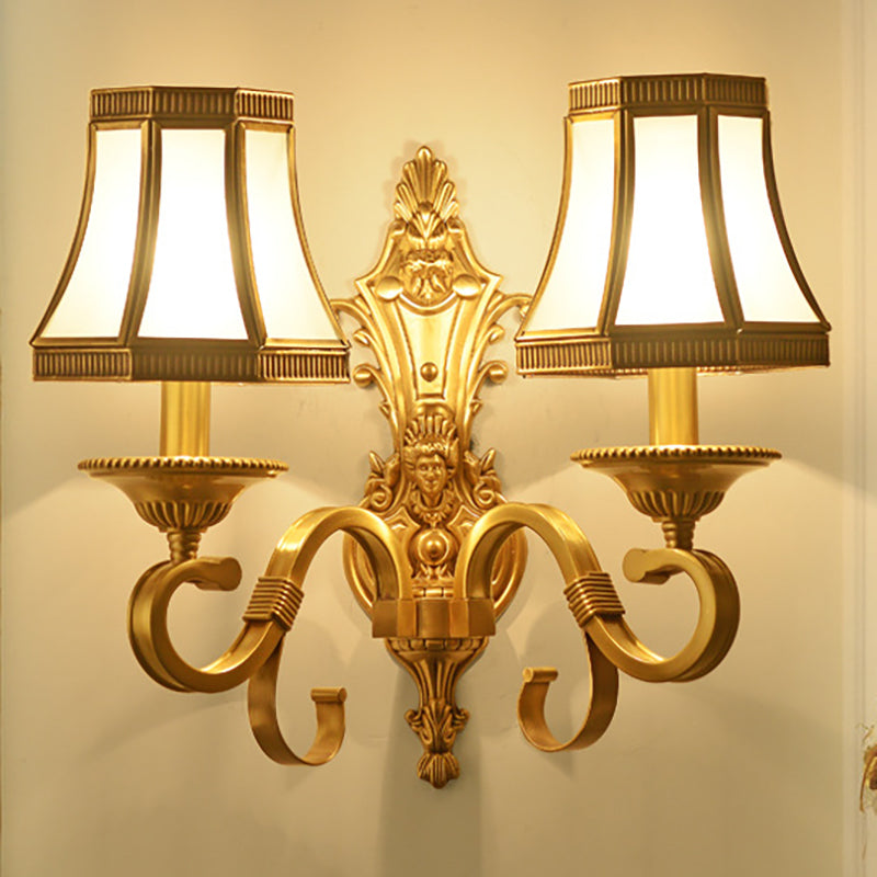 Brass Cone Wall Lamp Traditionalist Metal 1/2 Lights Bedroom Wall Mount Lighting with Beveled Glass Panel