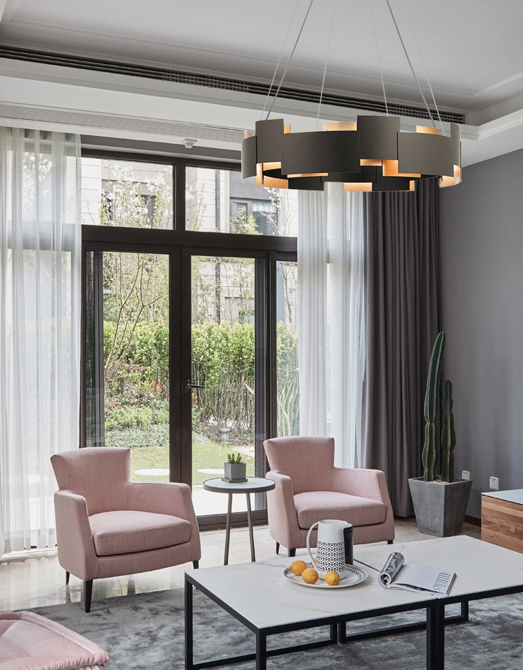 Living Room Chandelier Lighting Modern Black Hanging Ceiling Light with Circle Metal Shade