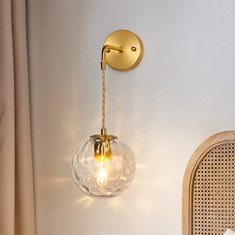 1-Light Bedside Wall Sconce Light Simplicity Brass Wall Light Fixture with Ball Water Glass Shade