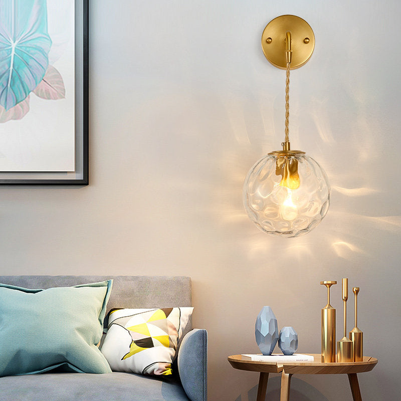 1-Light Bedside Wall Sconce Light Simplicity Brass Wall Light Fixture with Ball Water Glass Shade