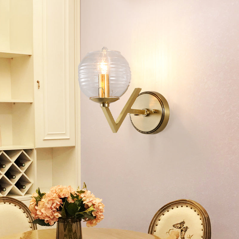 Simple 1/2 Lights Wall Mount Lamp Brass Ball Shape Sconce Light with Ribbed Glass Shade