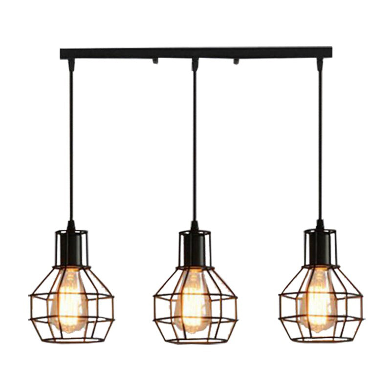 3-Lights Iron Cage Island Light 21.5 Inches Length Industrial Style Black Metal Hanging Light for Kitchen Bar