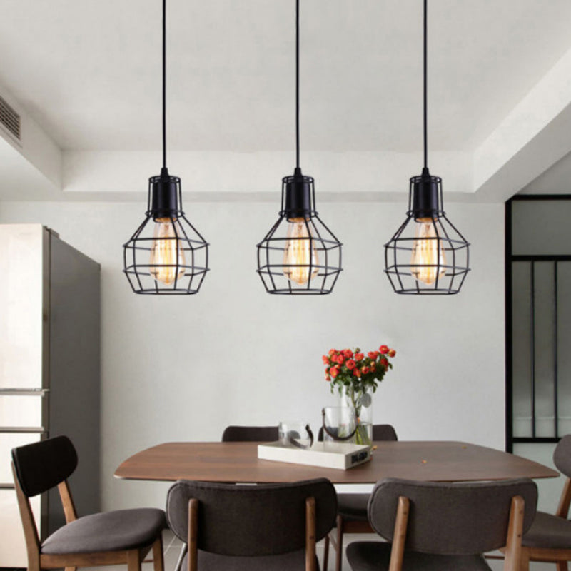 3-Lights Iron Cage Island Light 21.5 Inches Length Industrial Style Black Metal Hanging Light for Kitchen Bar