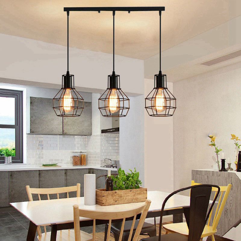 3-Lights Iron Cage Island Light 21.5 Inches Length Industrial Style Black Metal Hanging Light for Kitchen Bar