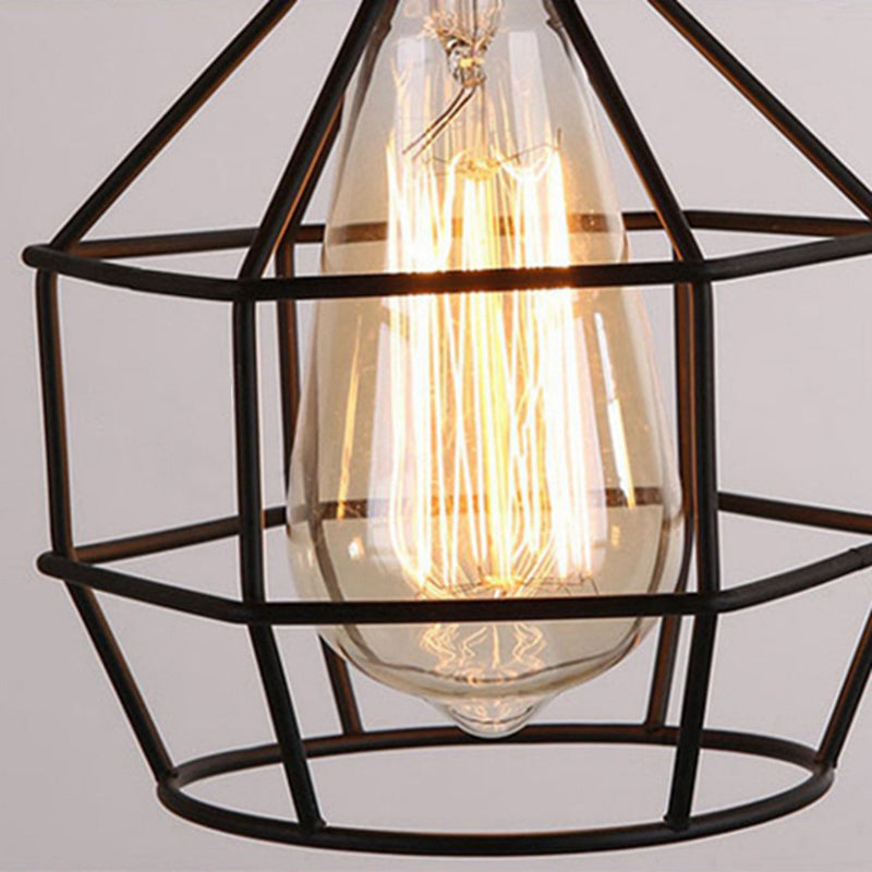 3-Lights Iron Cage Island Light 21.5 Inches Length Industrial Style Black Metal Hanging Light for Kitchen Bar