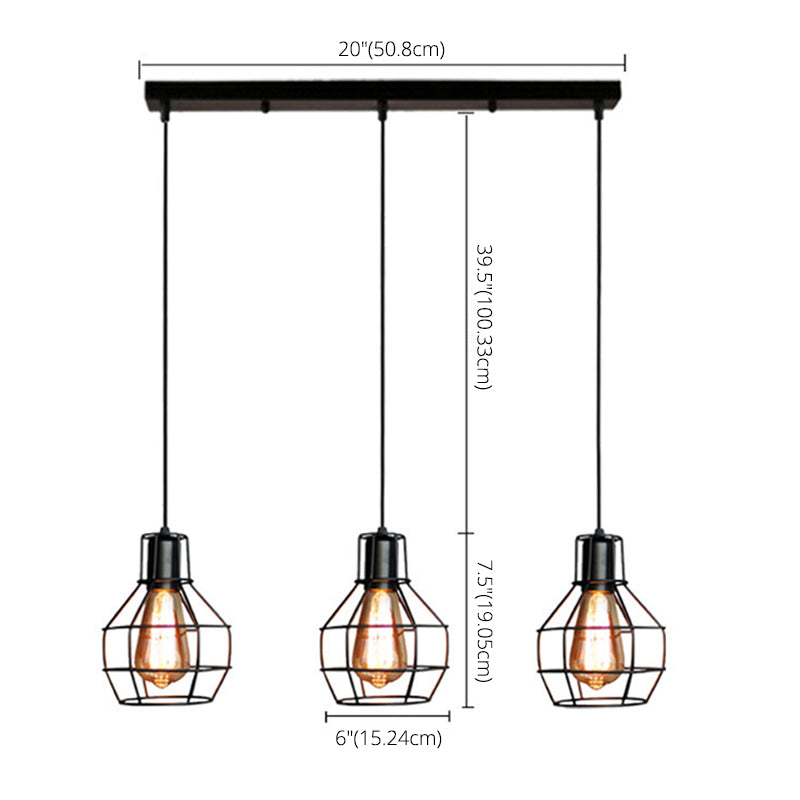 3-Lights Iron Cage Island Light 21.5 Inches Length Industrial Style Black Metal Hanging Light for Kitchen Bar