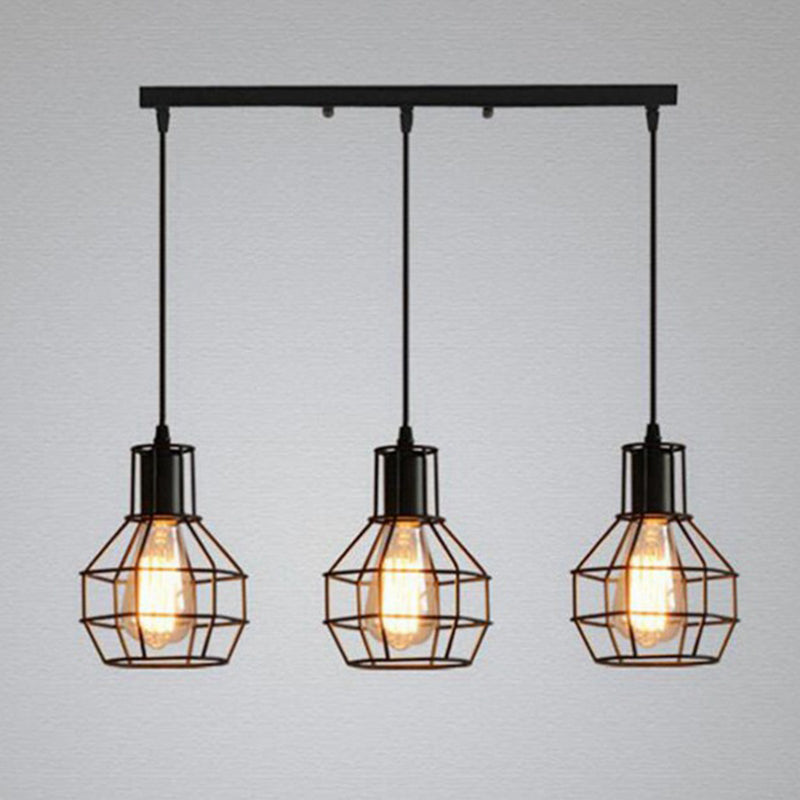 3-Lights Iron Cage Island Light 21.5 Inches Length Industrial Style Black Metal Hanging Light for Kitchen Bar