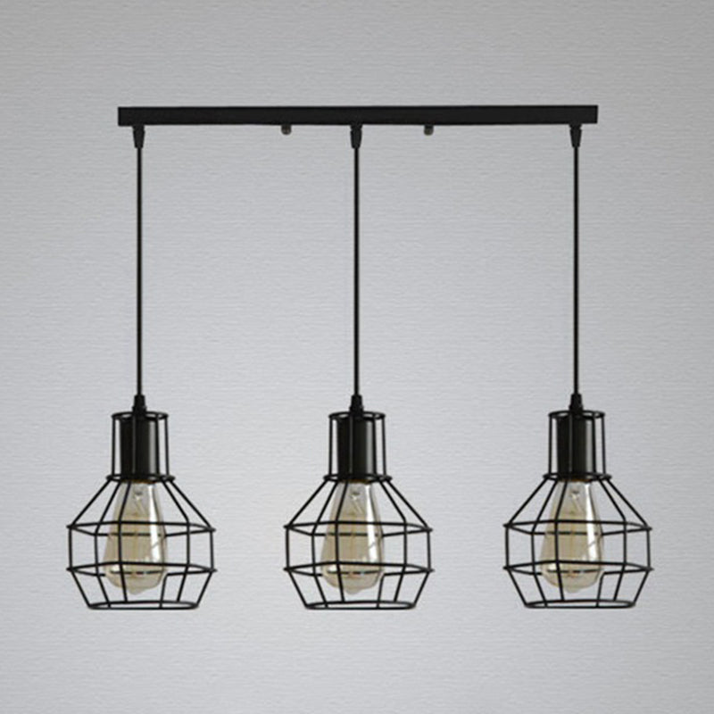 3-Lights Iron Cage Island Light 21.5 Inches Length Industrial Style Black Metal Hanging Light for Kitchen Bar