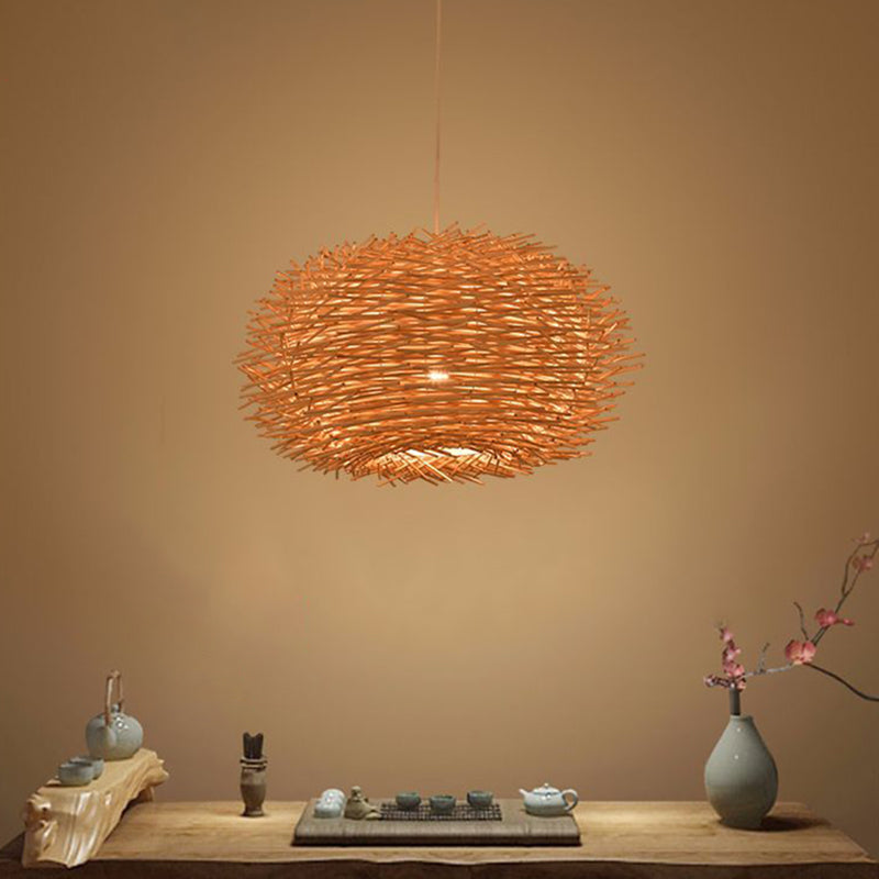 Bird's Nest Shaped Creative Hanging Light Asian Style Simplicity Bamboo Weaving Lighting Fixture with 39.3" Suspended Wire