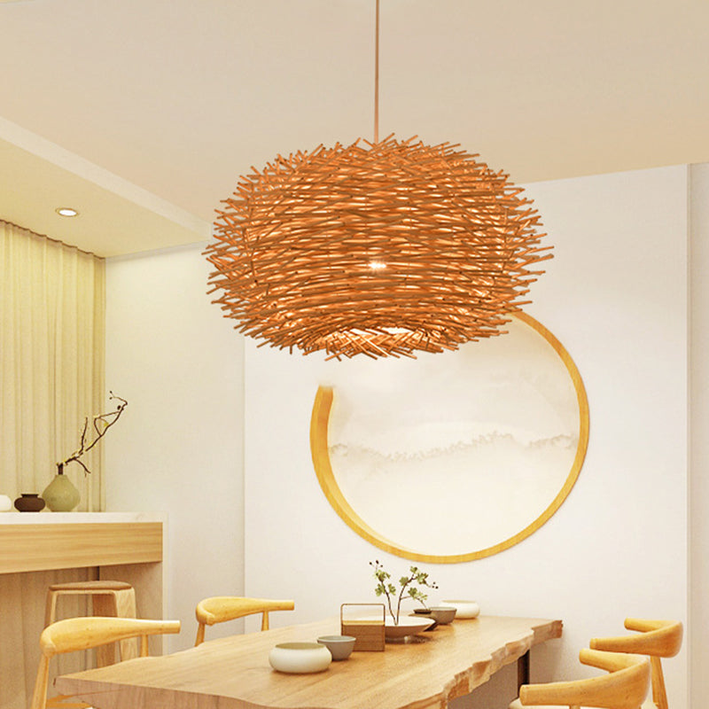 Bird's Nest Shaped Creative Hanging Light Asian Style Simplicity Bamboo Weaving Lighting Fixture with 39.3" Suspended Wire