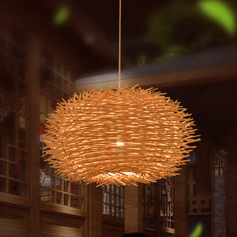 Bird's Nest Shaped Creative Hanging Light Asian Style Simplicity Bamboo Weaving Lighting Fixture with 39.3" Suspended Wire
