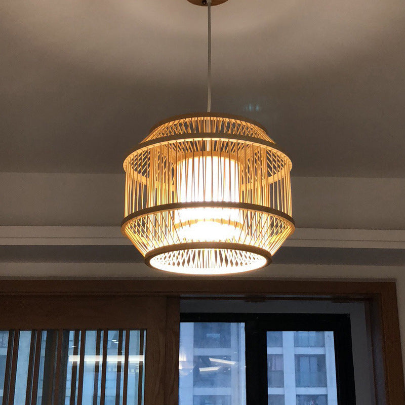 Birdcage Bamboo Weaving Lighting Pendant Japanese Style Parchment Shade 1-Light Suspended Lamp