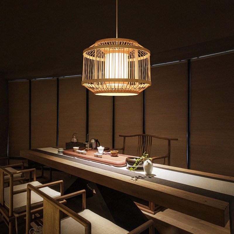 Birdcage Bamboo Weaving Lighting Pendant Japanese Style Parchment Shade 1-Light Suspended Lamp