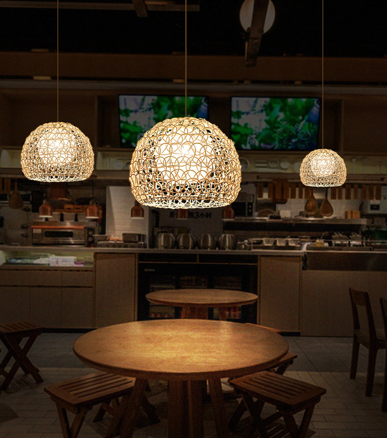 Doppeler Rattan Schatten Kuppel hängende helle asiatische Style Handwebende 1-Licht-Anhänger mit 39,3 "verstellbarer Draht