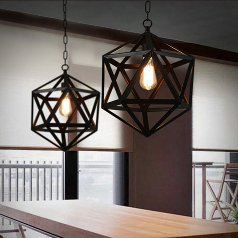 Hexahedron Wrought Iron Cage Hanging Light Vintage Industrial Style Lighting Fixture with 31.5" Adjustable Suspended Chain