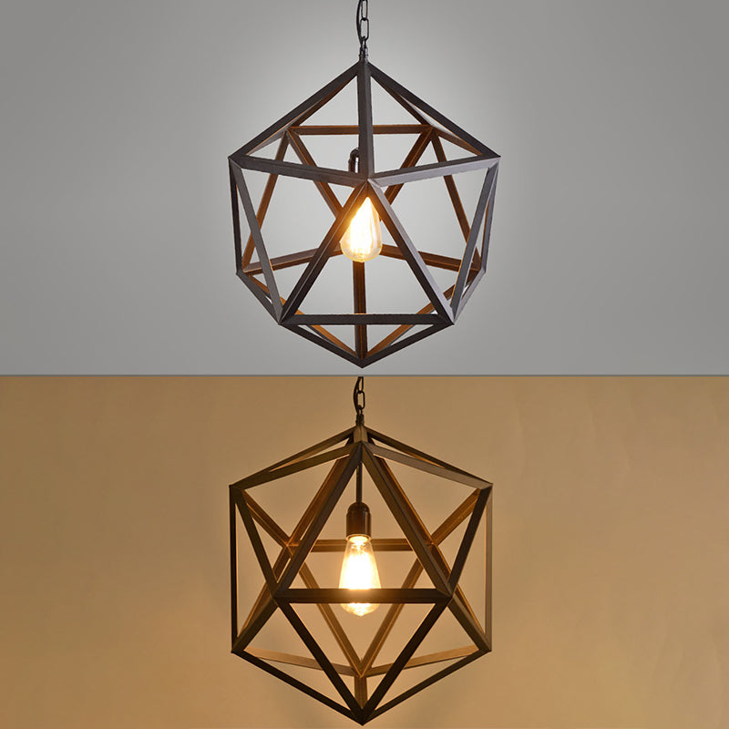 Hexahedron Wrought Iron Cage Hanging Light Vintage Industrial Style Lighting Fixture with 31.5" Adjustable Suspended Chain