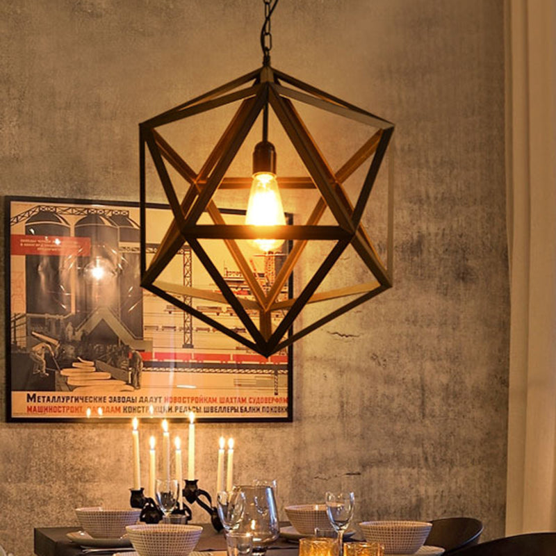Hexahedron Wrought Iron Cage Hanging Light Vintage Industrial Style Lighting Fixture with 31.5" Adjustable Suspended Chain