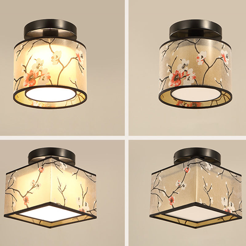 Black 1 Light Ceiling Lighting Chinese Style Fabric Design Semi Flush Mount Lighting for Living Room