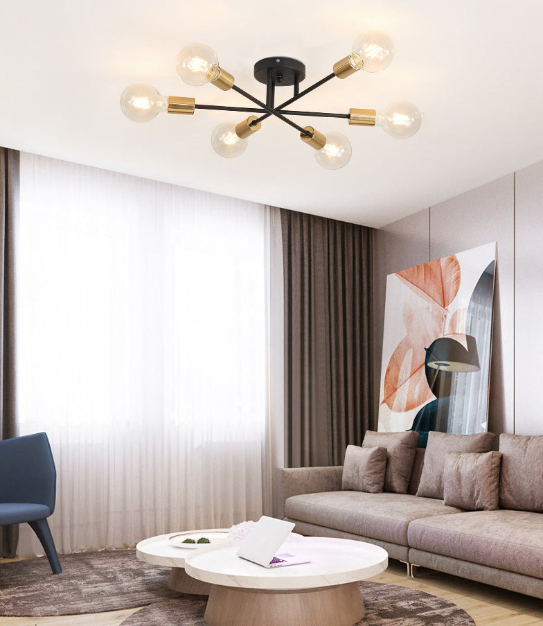 27.5 Inches Wide Bare Bulb Ceiling Lighting Fixture 6-Lights Industrial Style Simplicity Metal Semi Flush Mount Lamp