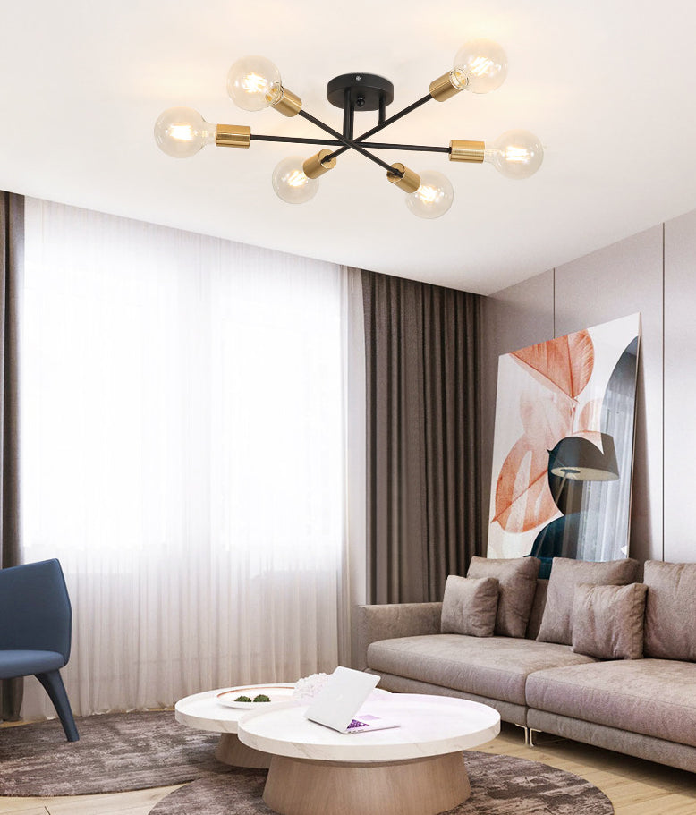 27.5 Inches Wide Bare Bulb Ceiling Lighting Fixture 6-Lights Industrial Style Simplicity Metal Semi Flush Mount Lamp