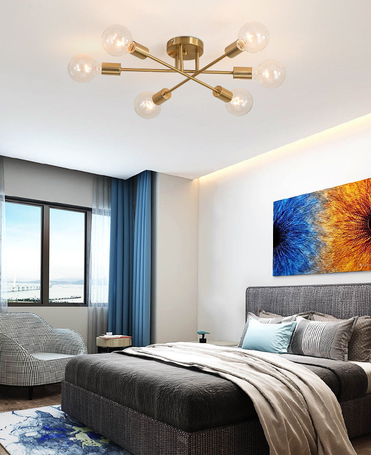 27.5 Inches Wide Bare Bulb Ceiling Lighting Fixture 6-Lights Industrial Style Simplicity Metal Semi Flush Mount Lamp