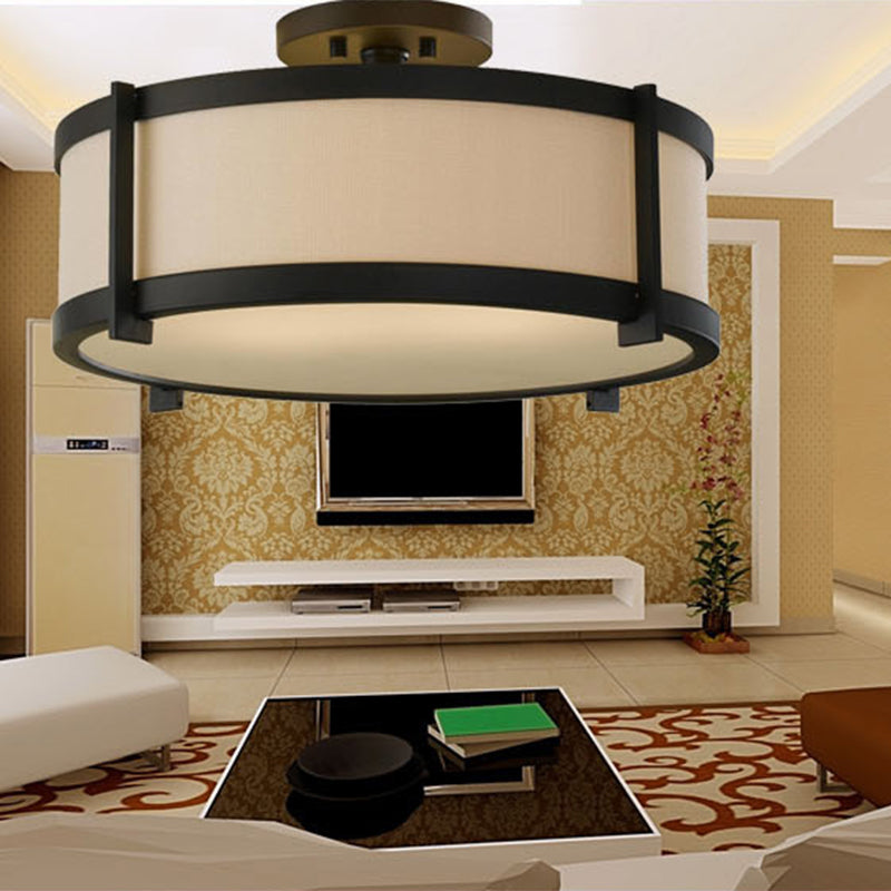 Black Drum Semi Flush Mount Light Modern Minimalist Fabric Ceiling Flush Mount for Living Room