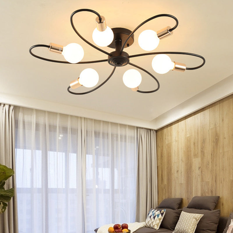 Metal Semi Flush Mount Light Vintage Black Exposed Bulb Living Room Semi Flush Light Fixture