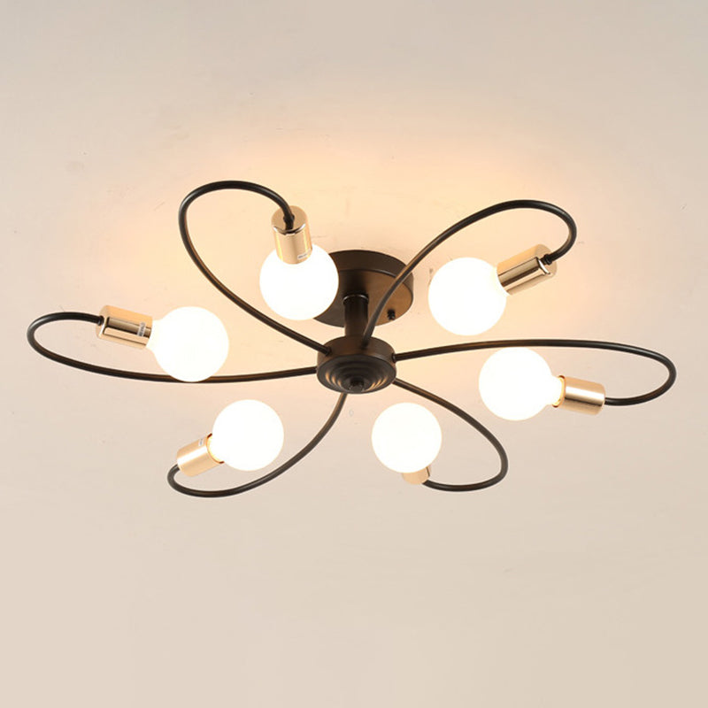 Metal Semi Flush Mount Light Vintage Black Exposed Bulb Living Room Semi Flush Light Fixture