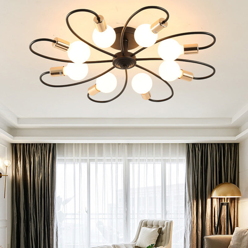 Metal Semi Flush Mount Light Vintage Black Exposed Bulb Living Room Semi Flush Light Fixture